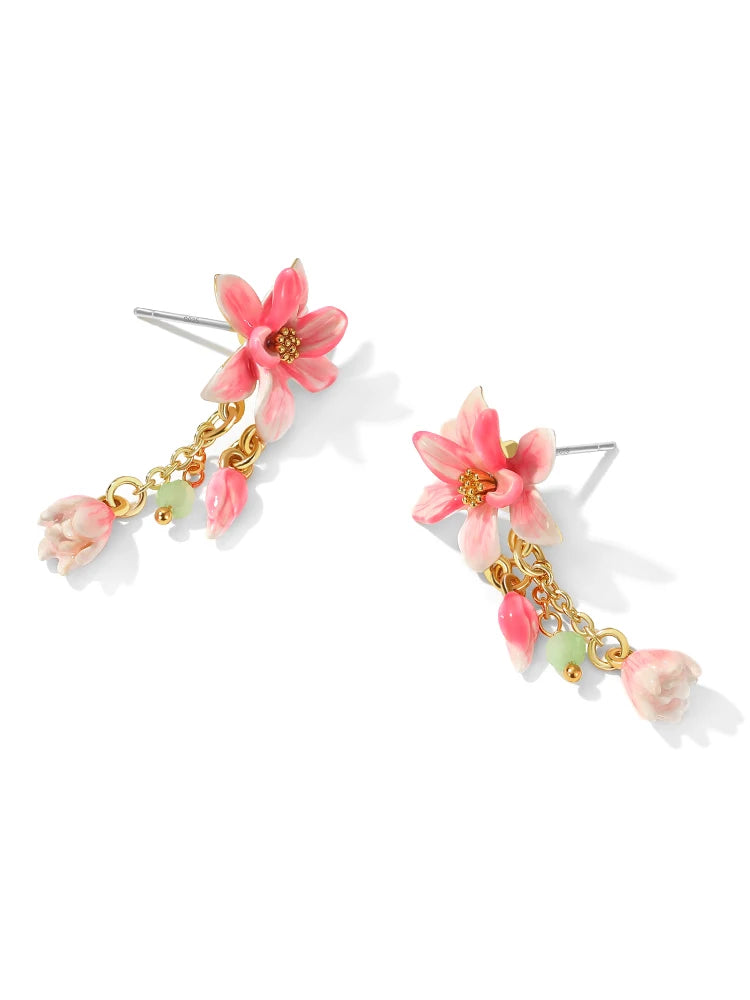 18k Gold Pink Magnolia Flower Earrings