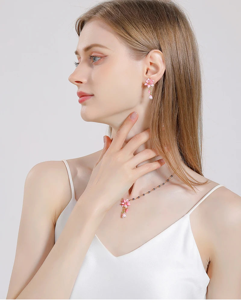 18k Gold Pink Magnolia Flower Earrings