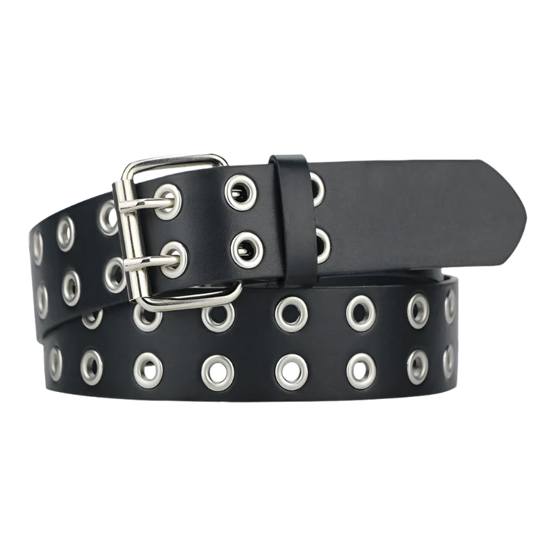 Black grunge belt with silver eyelets and pin buckle, front view