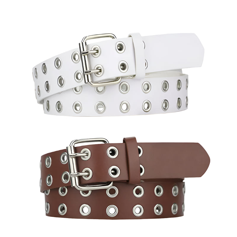 White and brown grunge belts with metal hardware and eyelet details