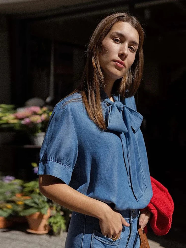 Back view of Keira denim shirt showing construction and fit