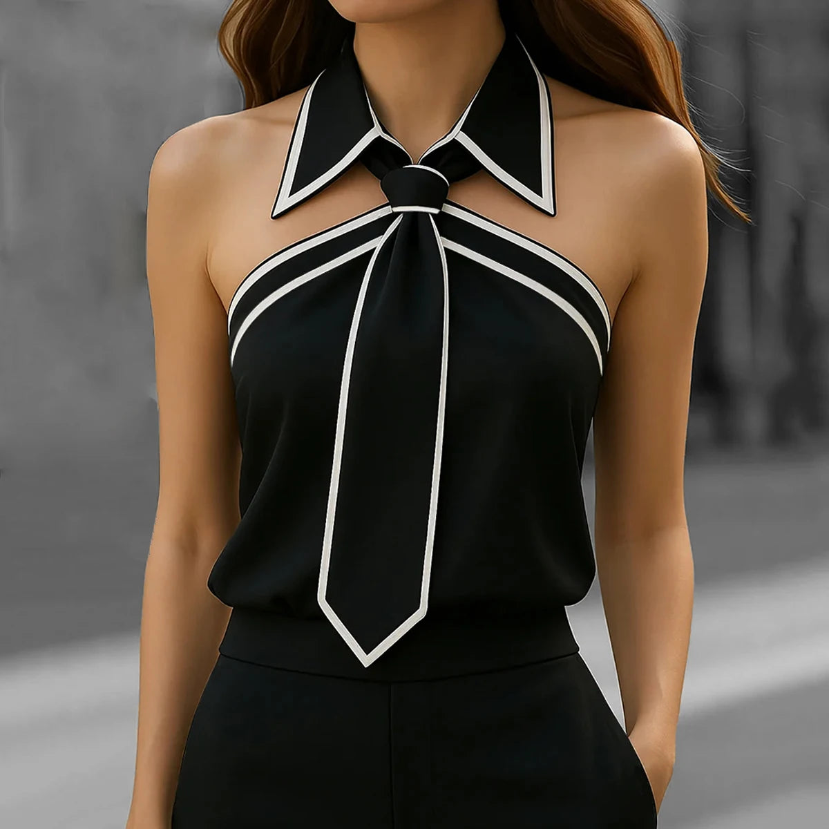 Blusa con solapa y lazo en el cuello