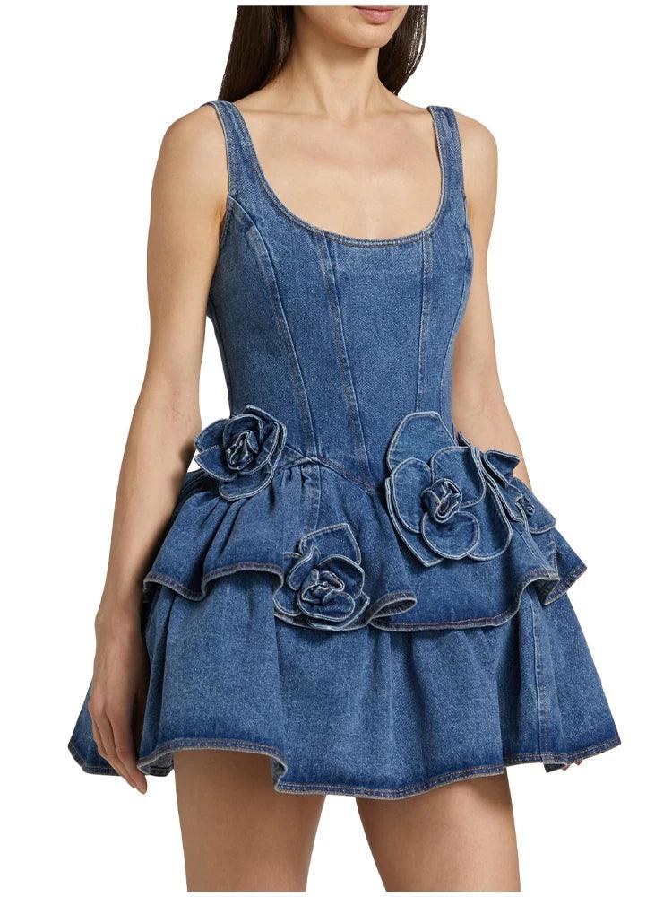 Melanie 3D Blomsterkjole i denim