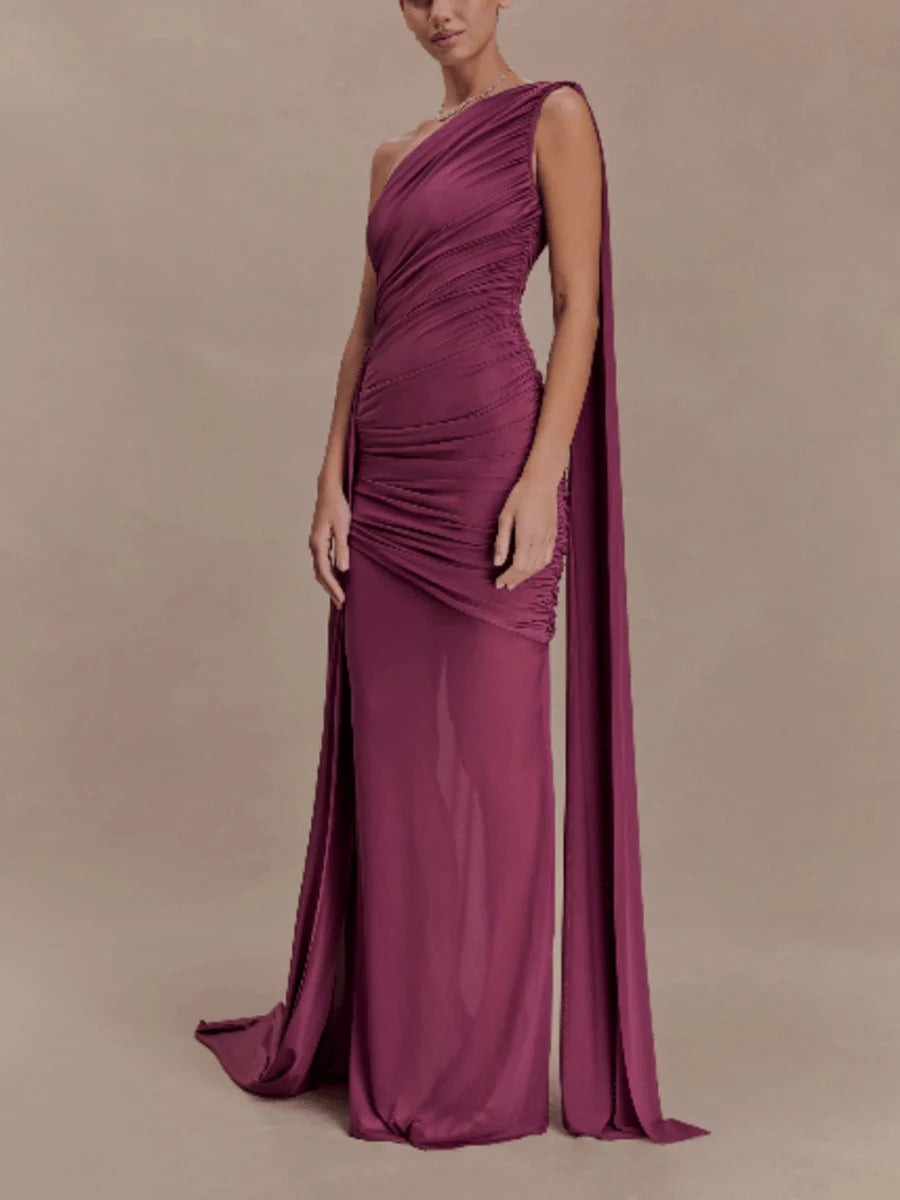 Amy One Shoulder Sheer Cape Dress