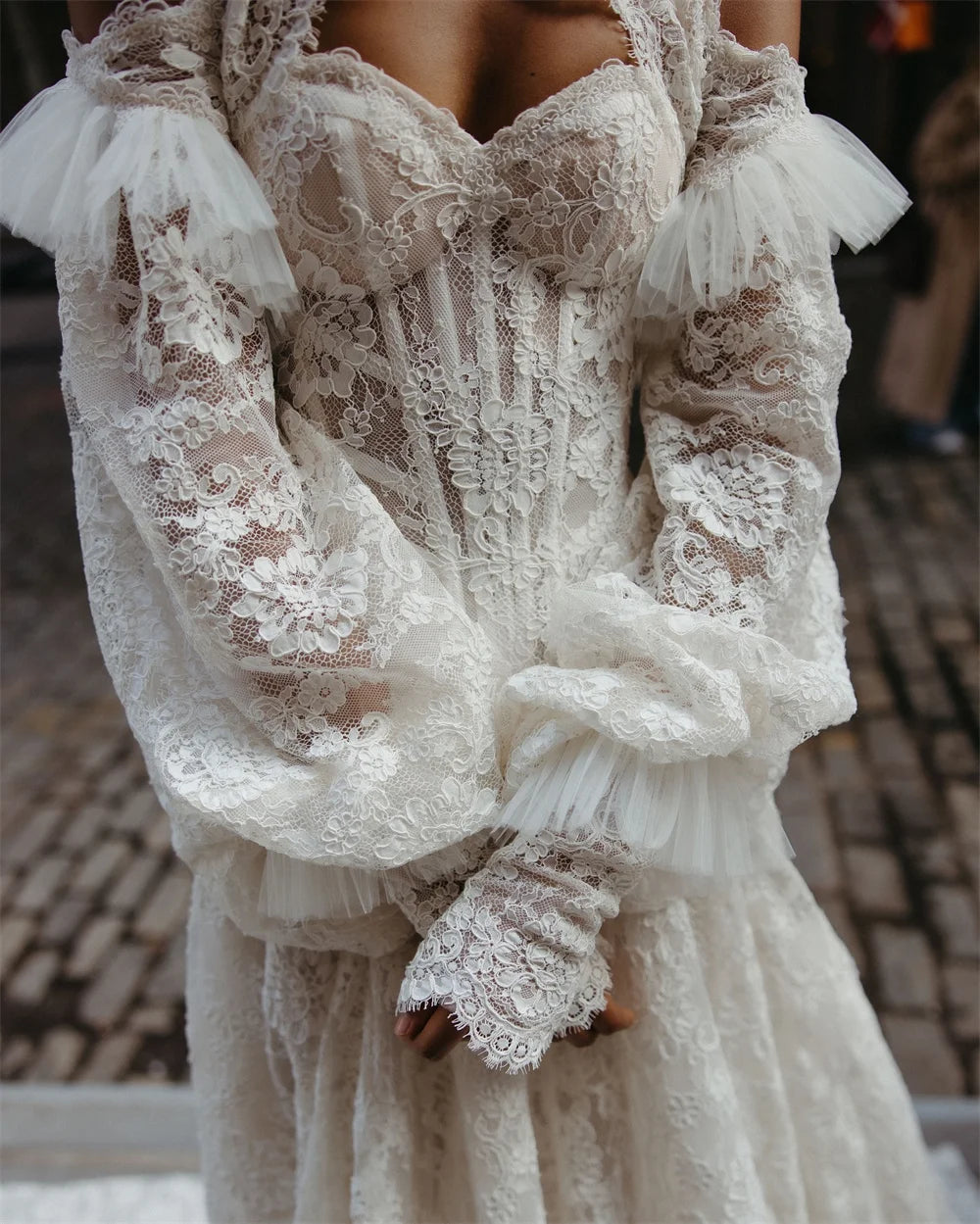 Seraphine Puff-Sleeve Lace A-Line Bridal Gown