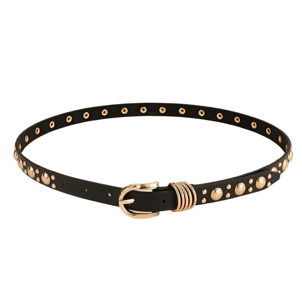 Black belt with gold studs and buckle on a light background