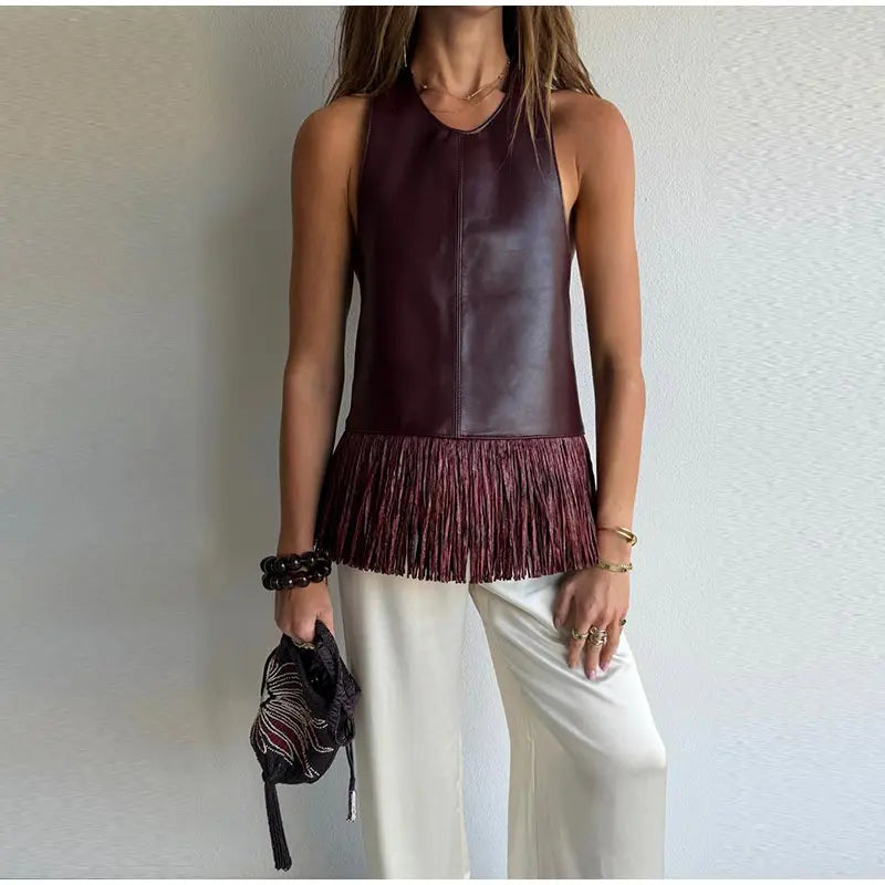 Lucy Faux Leather Fringe Halter Top