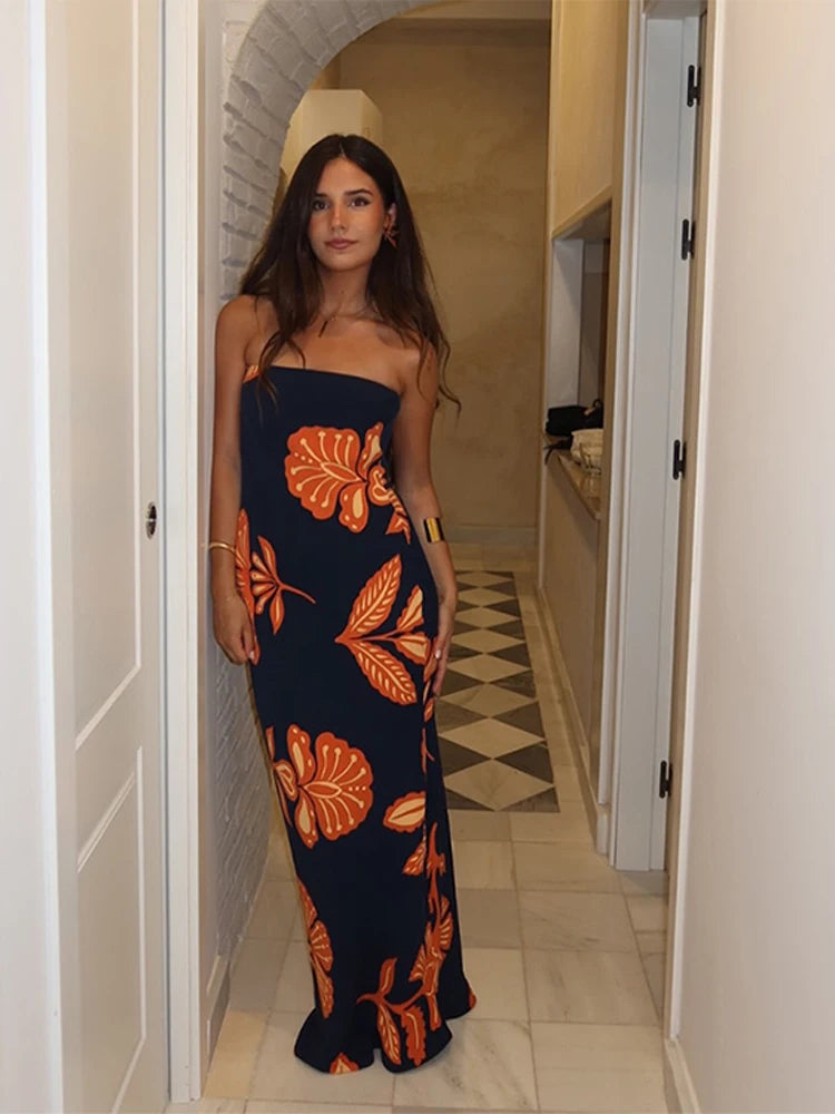 Длинное тропическое платье без бретелек