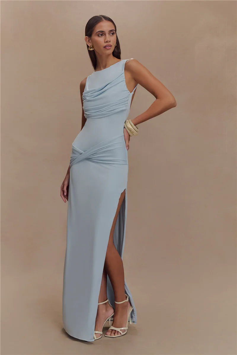 Paola Backless Ruched Dress – white – open-back detail