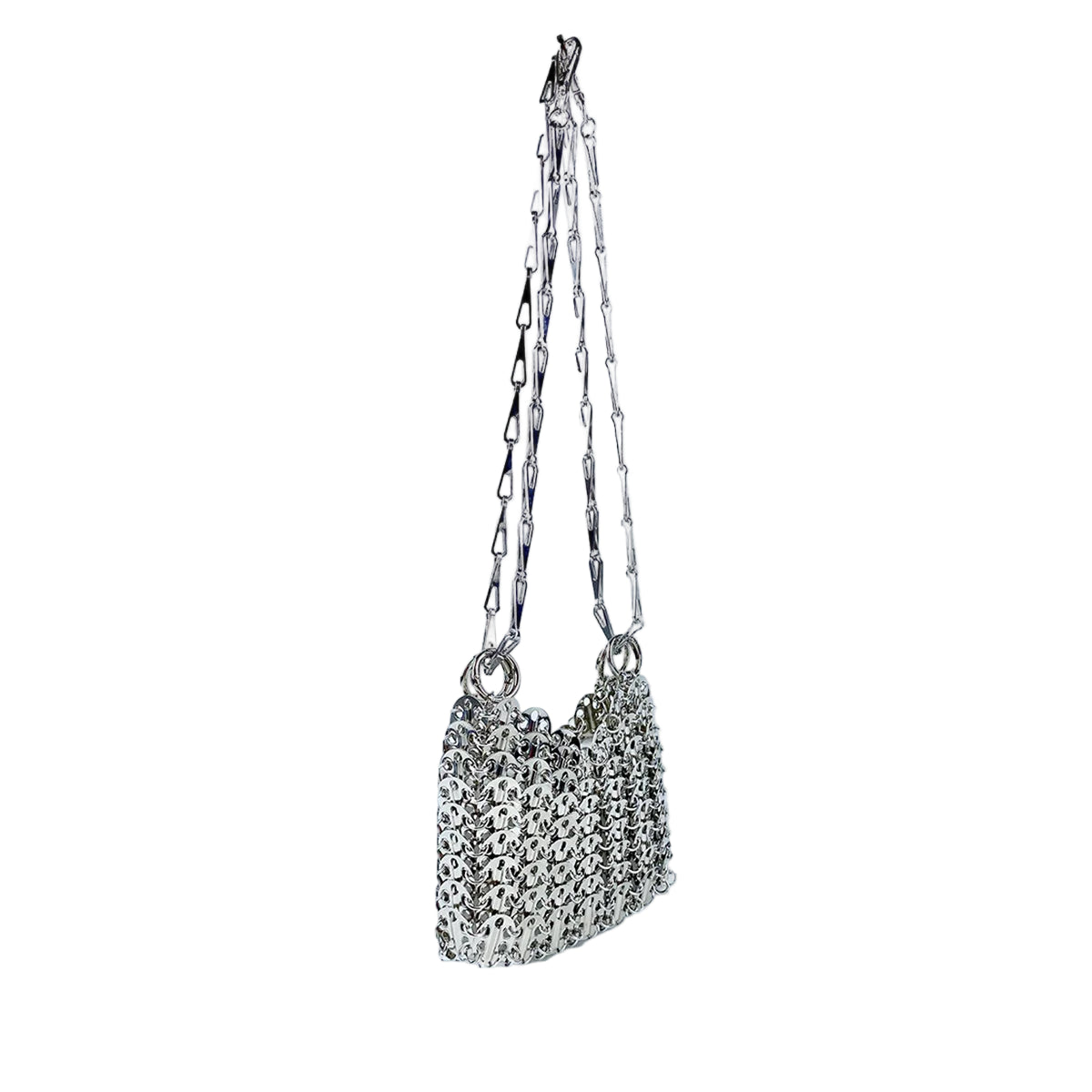 Silver chain handbag on a white background