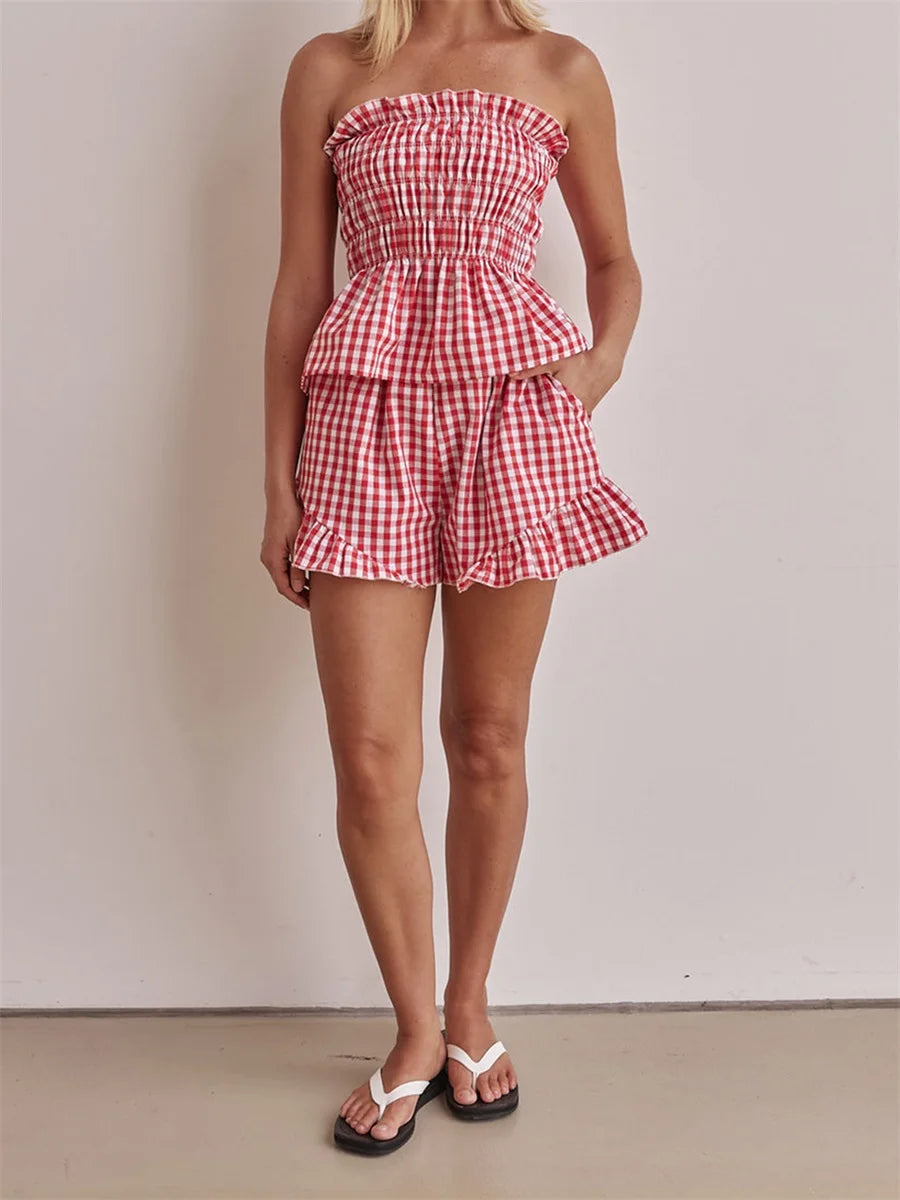 Conjunto de picnic a cuadros con hombros descubiertos y volantes