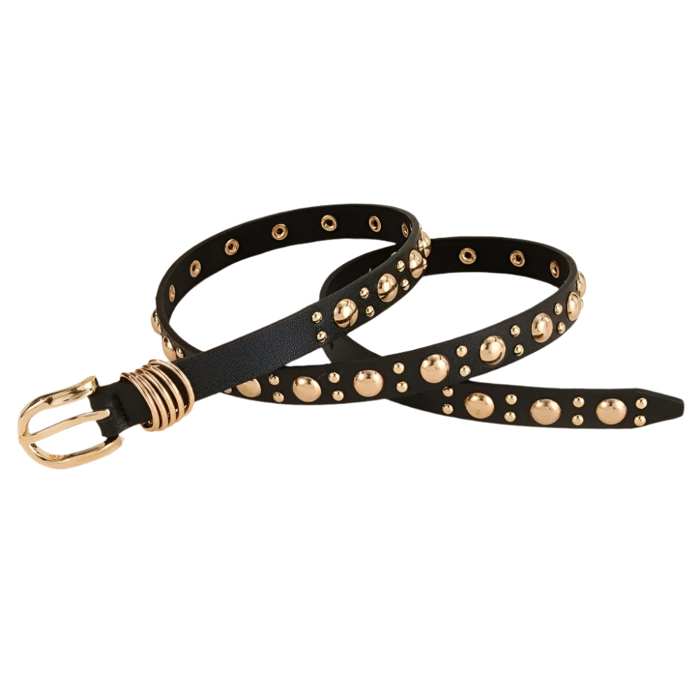 Black belt with gold studs and buckle on a light background