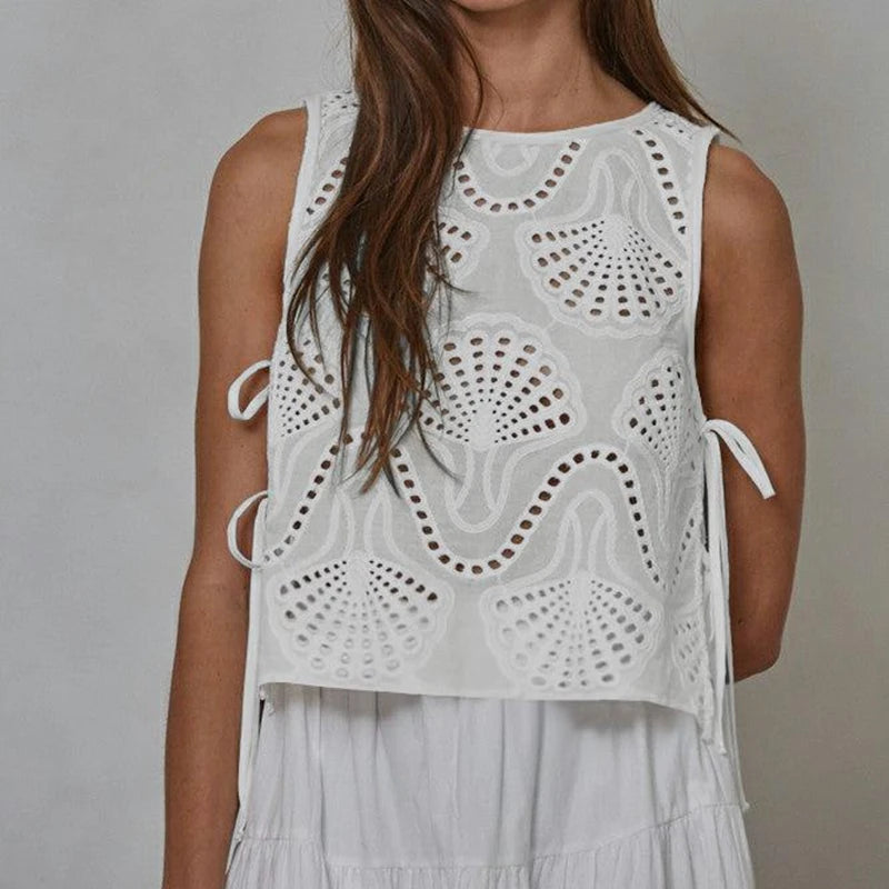 Lola Eyelet Side Bow Tied Top — shirts & tops in black — main view