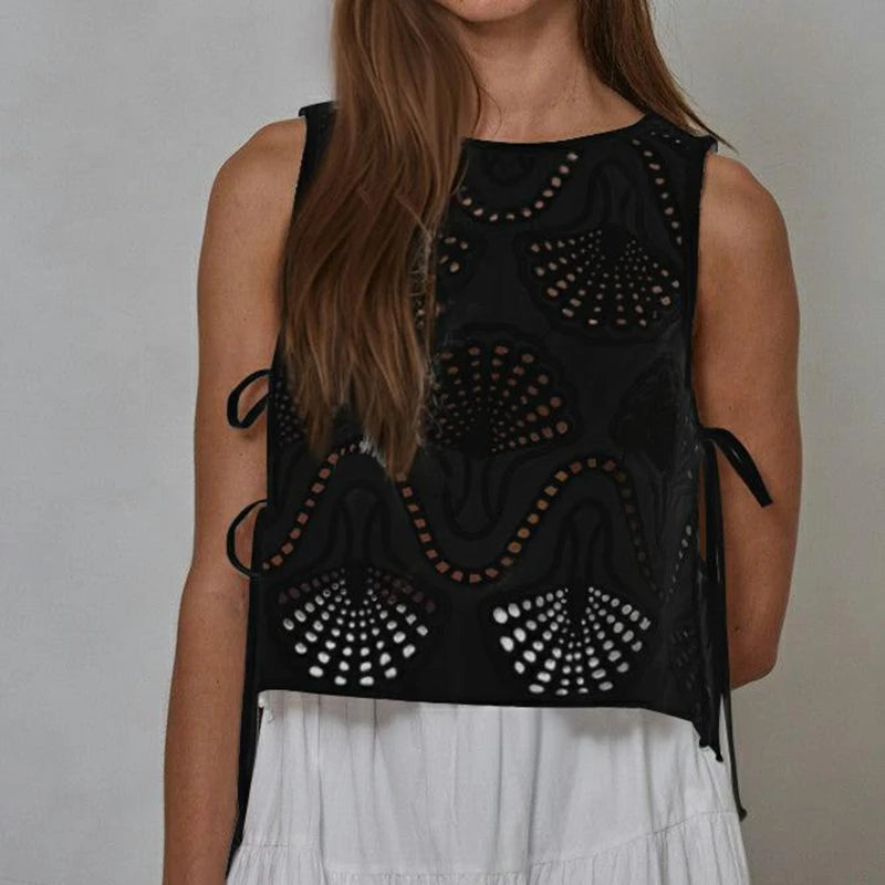 Lola Eyelet Side Bow Tied Top — shirts & tops in yellow — back view