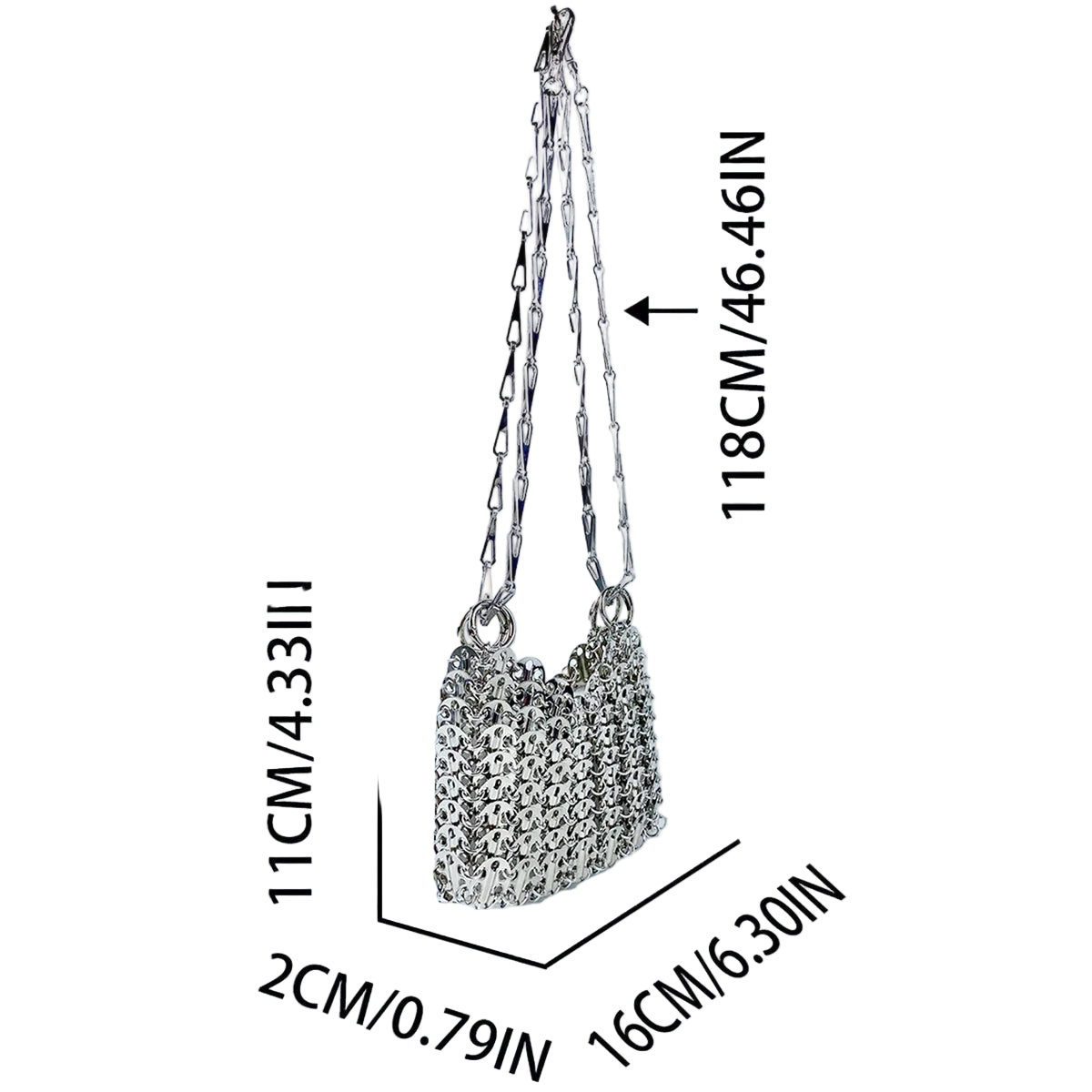 Silver chain handbag with dimensions labeled on a white background