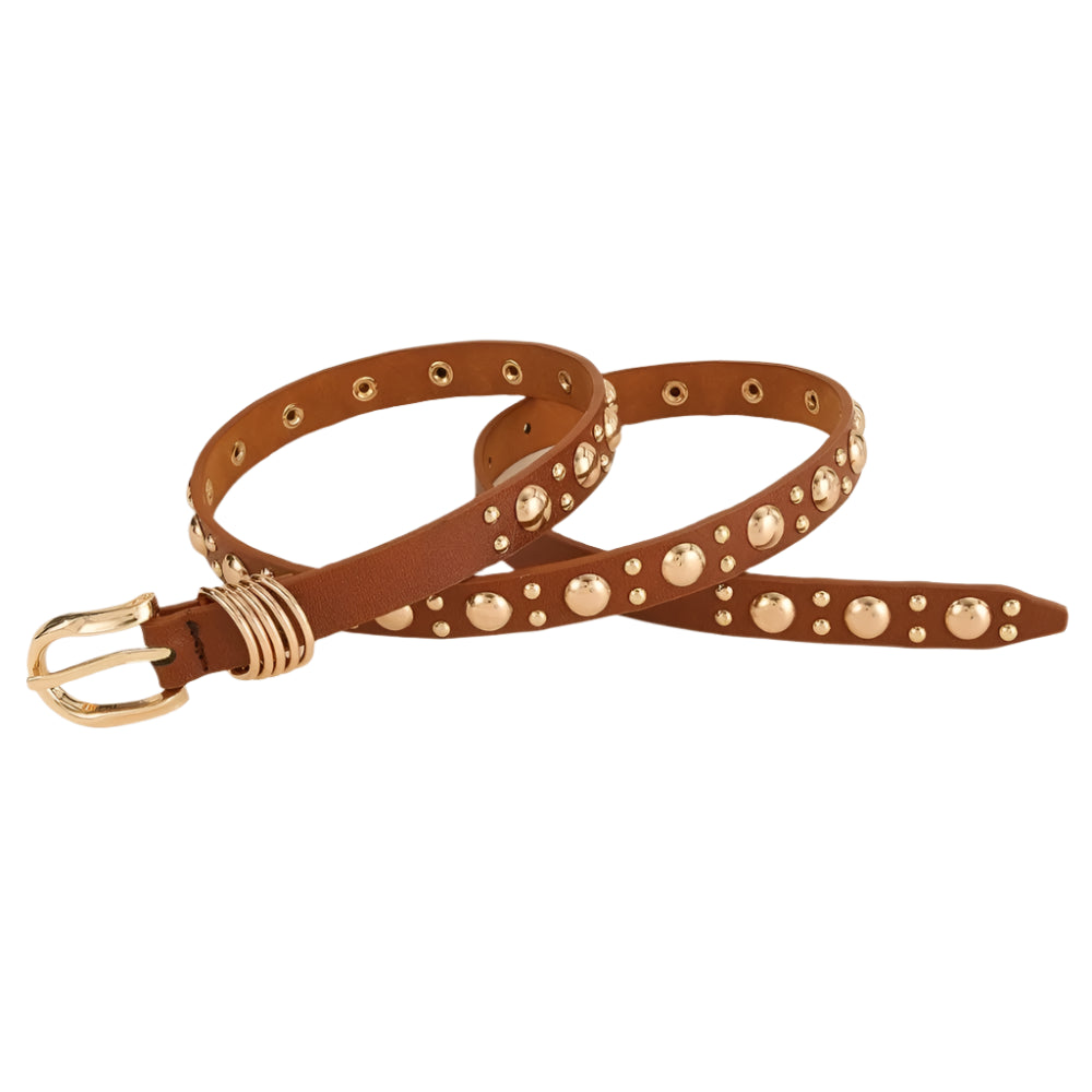 Western look brown belt with gold studs on a white background.