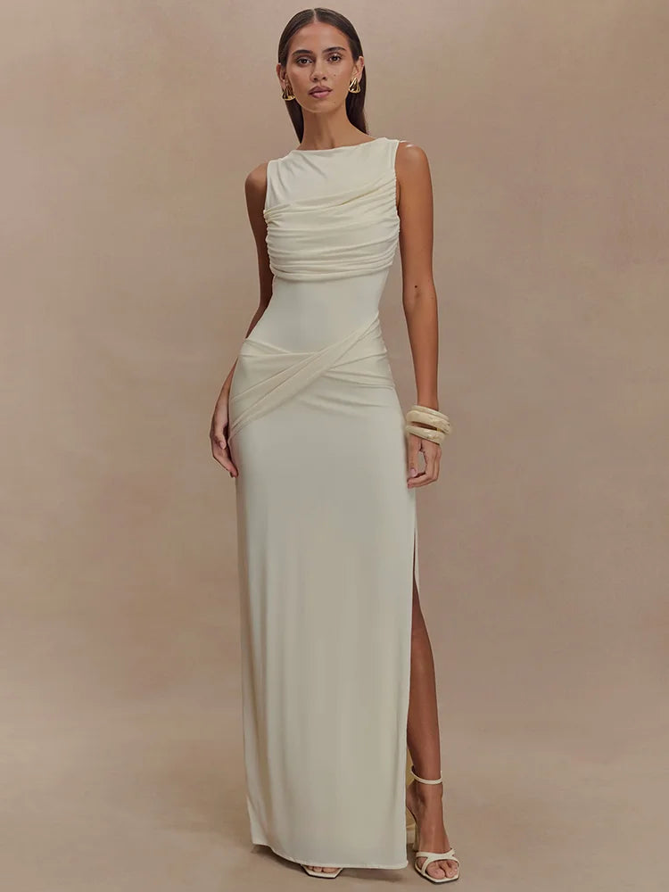 Paola Backless Ruched Dress – white – open-back detail