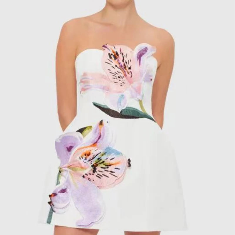 Floral strapless dress on a white background