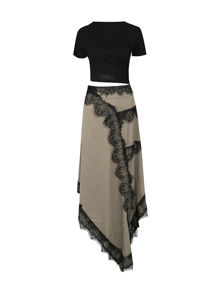Black top and beige skirt with lace details on a white background