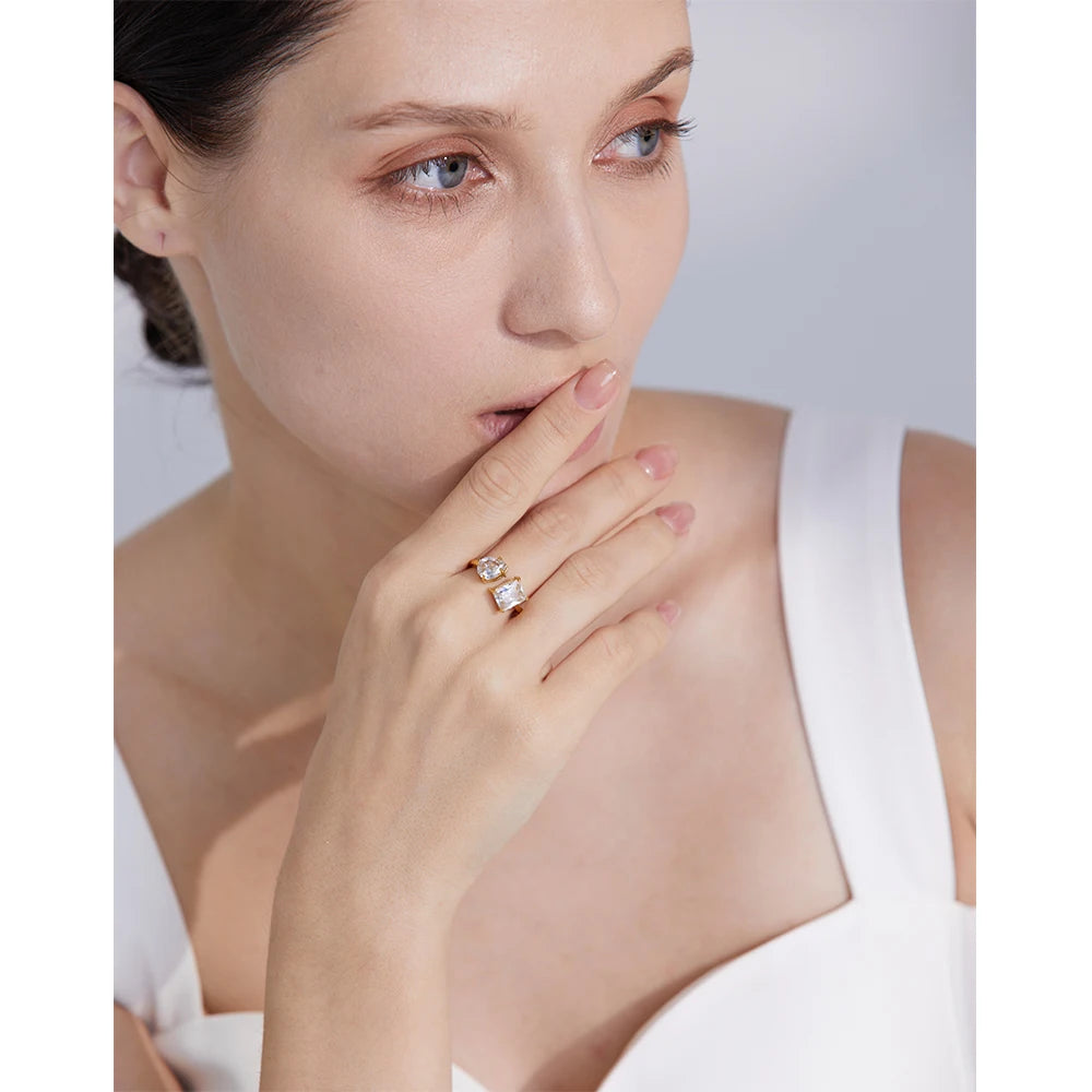 Double Stone Adjustable Open Ring — rings in white — back view