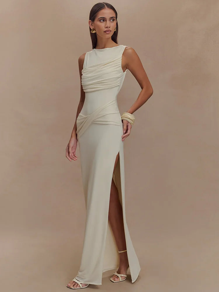 Paola Backless Ruched Dress – white – open-back detail