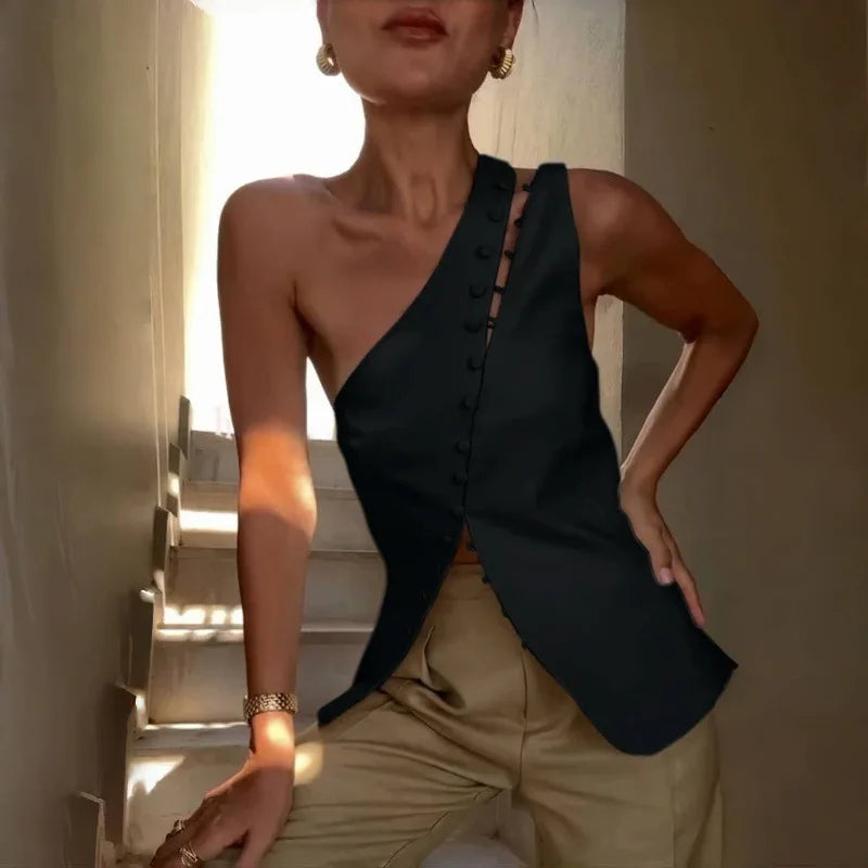 Wendy Asymmetrical Vest Top — shirts & tops in white — back view