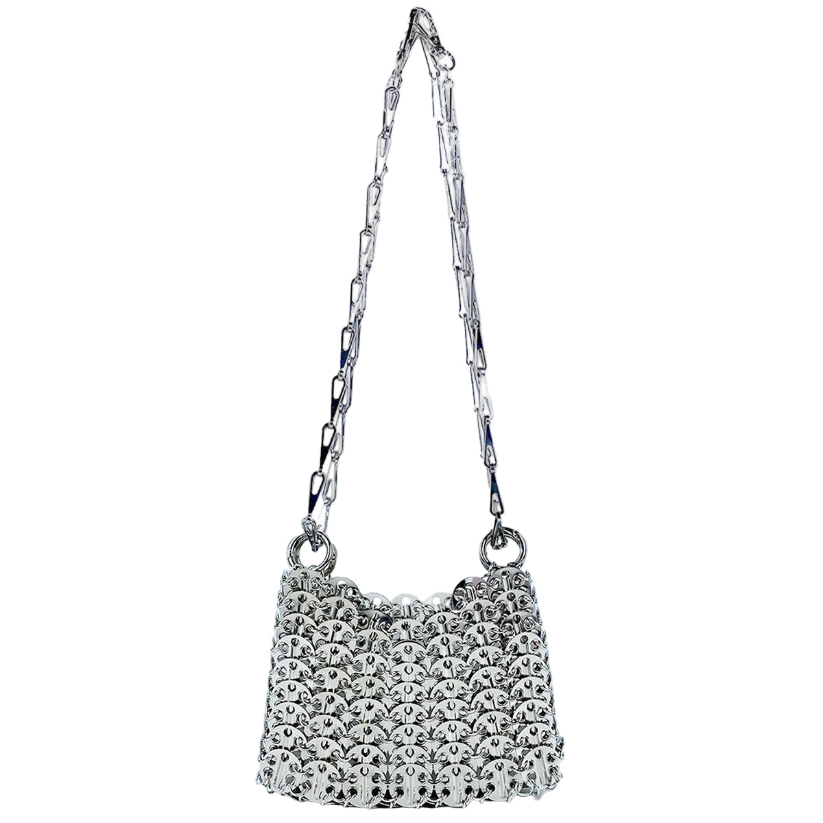 Silver textured handbag with chain strap on a white background