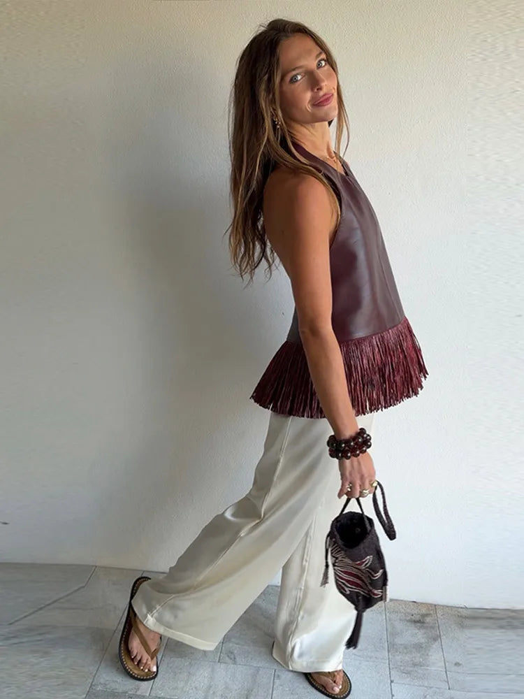 Lucy Faux Leather Fringe Halter Top