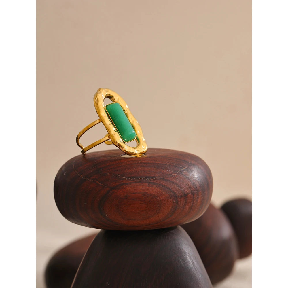 Green Agate Cuff Ring 18K Plated — rings in green — close-up detail