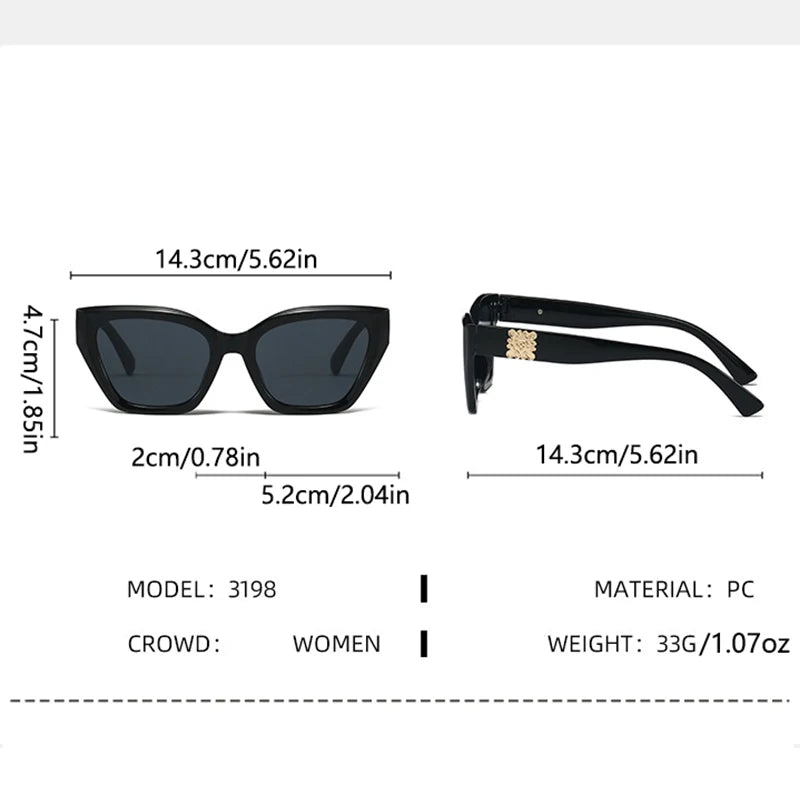 Black cat-eye sunglasses with measurements and product details on a white background