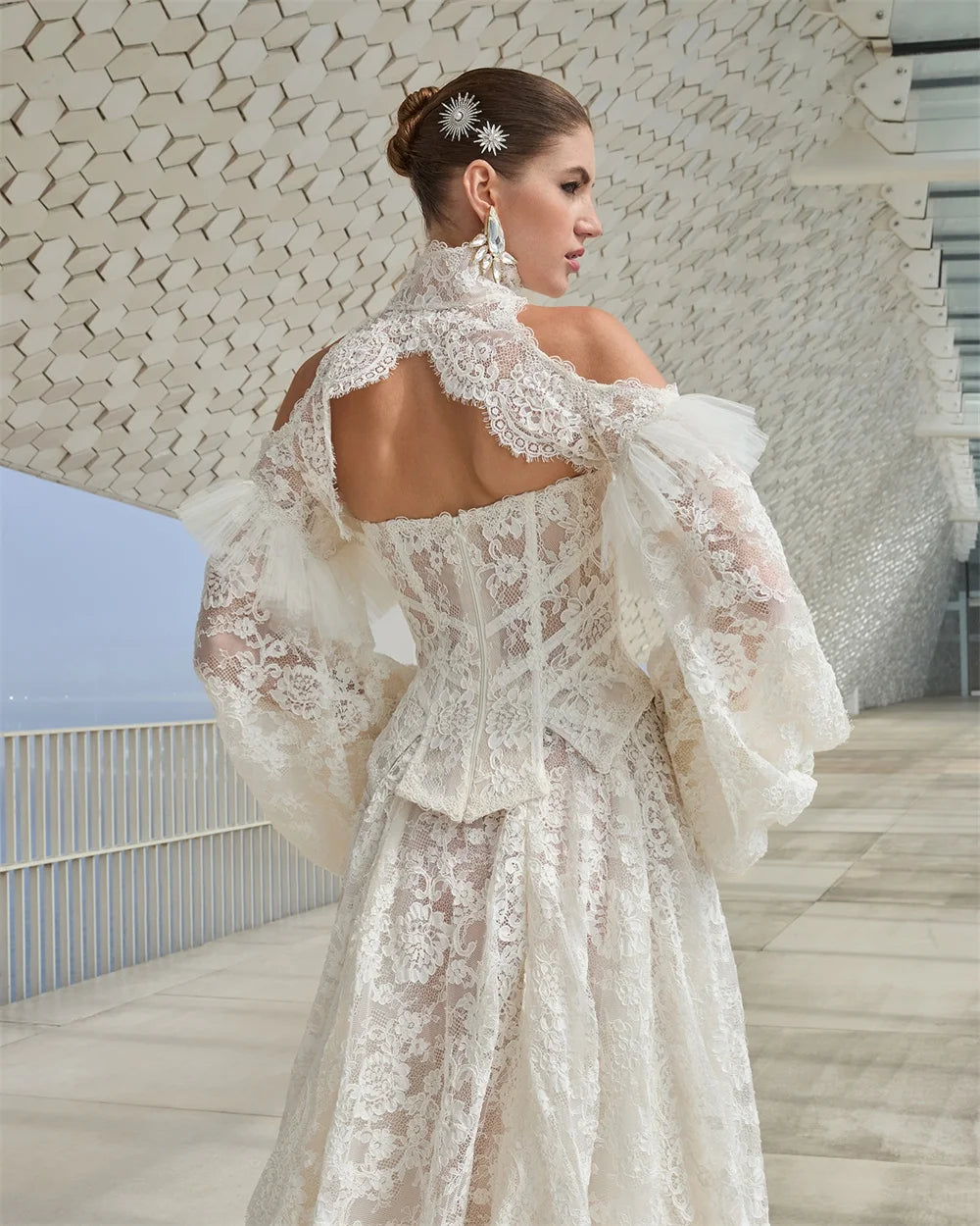Seraphine Puff-Sleeve Lace A-Line Bridal Gown