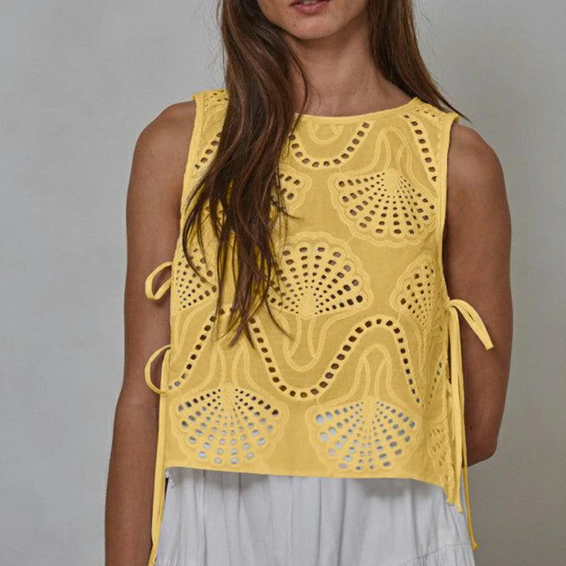 Lola Eyelet Side Bow Tied Top — shirts & tops in yellow — close-up detail