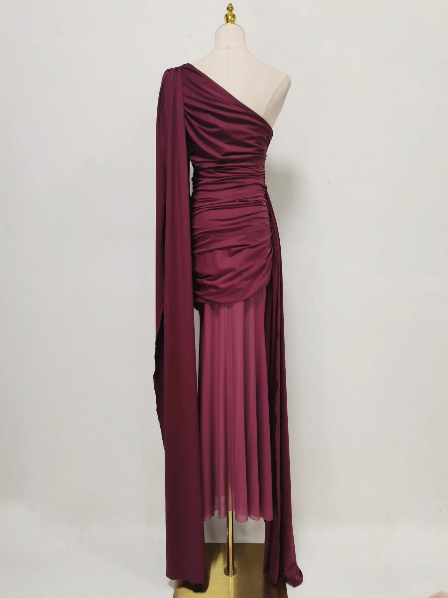 Amy One Shoulder Sheer Cape Dress