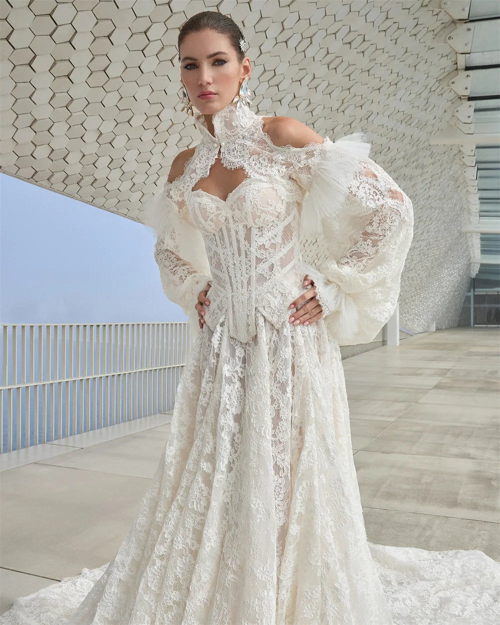 Seraphine Puff-Sleeve Lace A-Line Bridal Gown