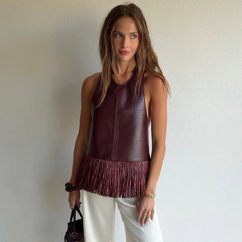 Lucy Faux Leather Fringe Halter Top