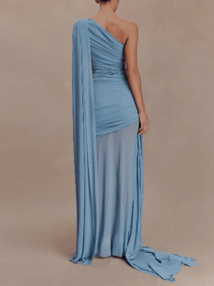 Amy One Shoulder Sheer Cape Dress