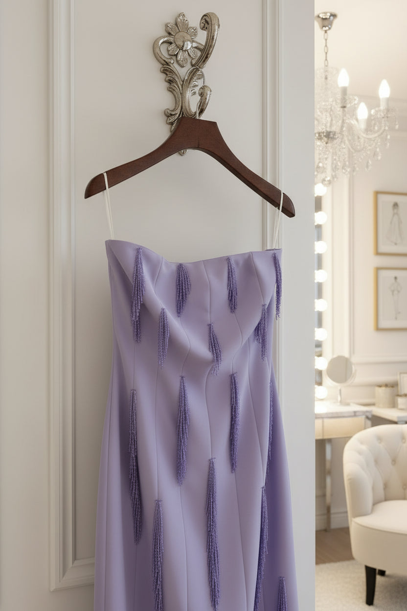 Purple strapless dress with bead details on a hanger against a white background