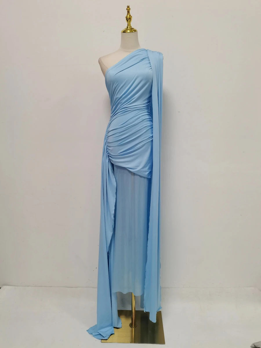 Amy One Shoulder Sheer Cape Dress