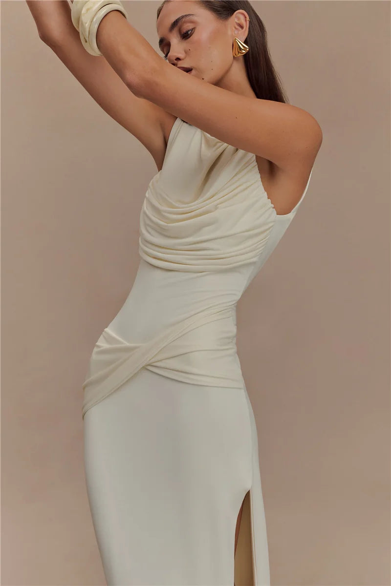 Paola Backless Ruched Dress – white – open-back detail
