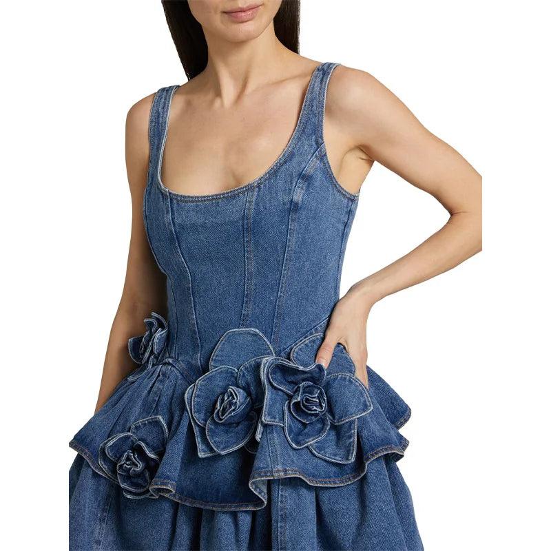 Melanie 3D Blomsterkjole i denim