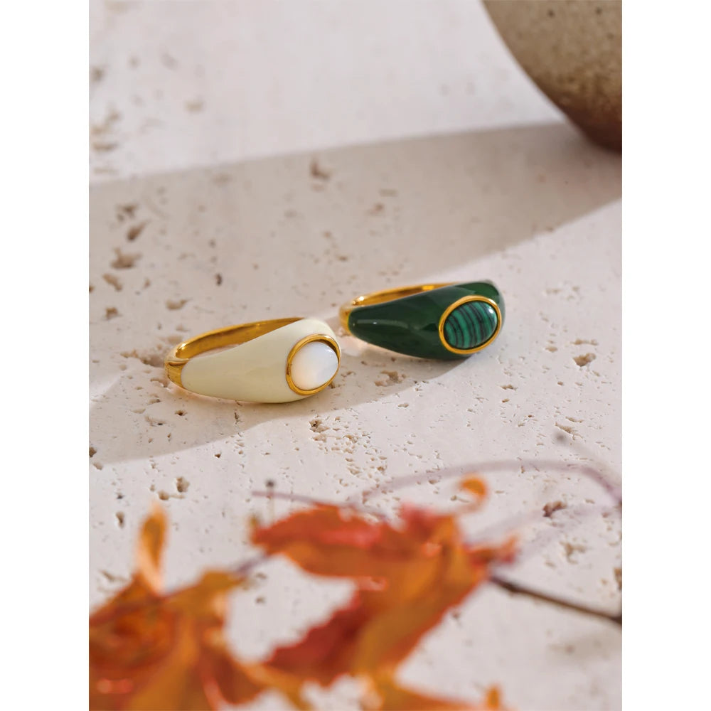 Enamel Natural Malachite Shell Ring — rings in green — back view