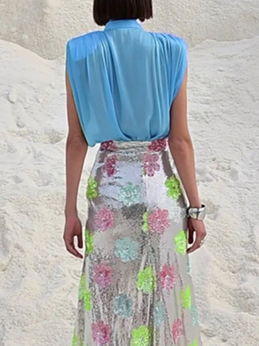 Marissa Lace Up Blouse — shirts & tops in blue lace detail — front view