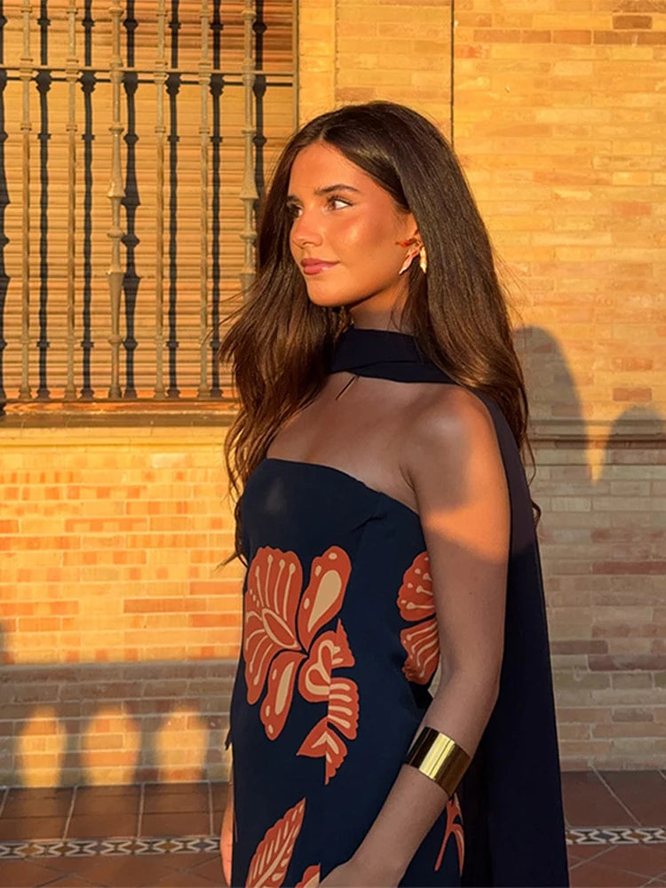 Длинное тропическое платье без бретелек