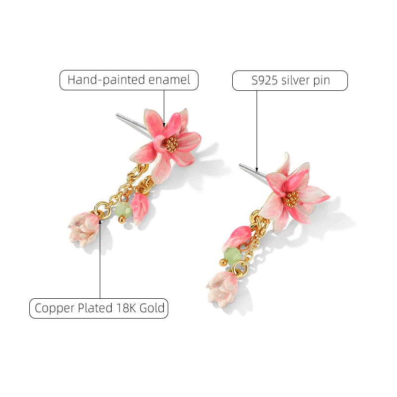 18k Gold Pink Magnolia Flower Earrings