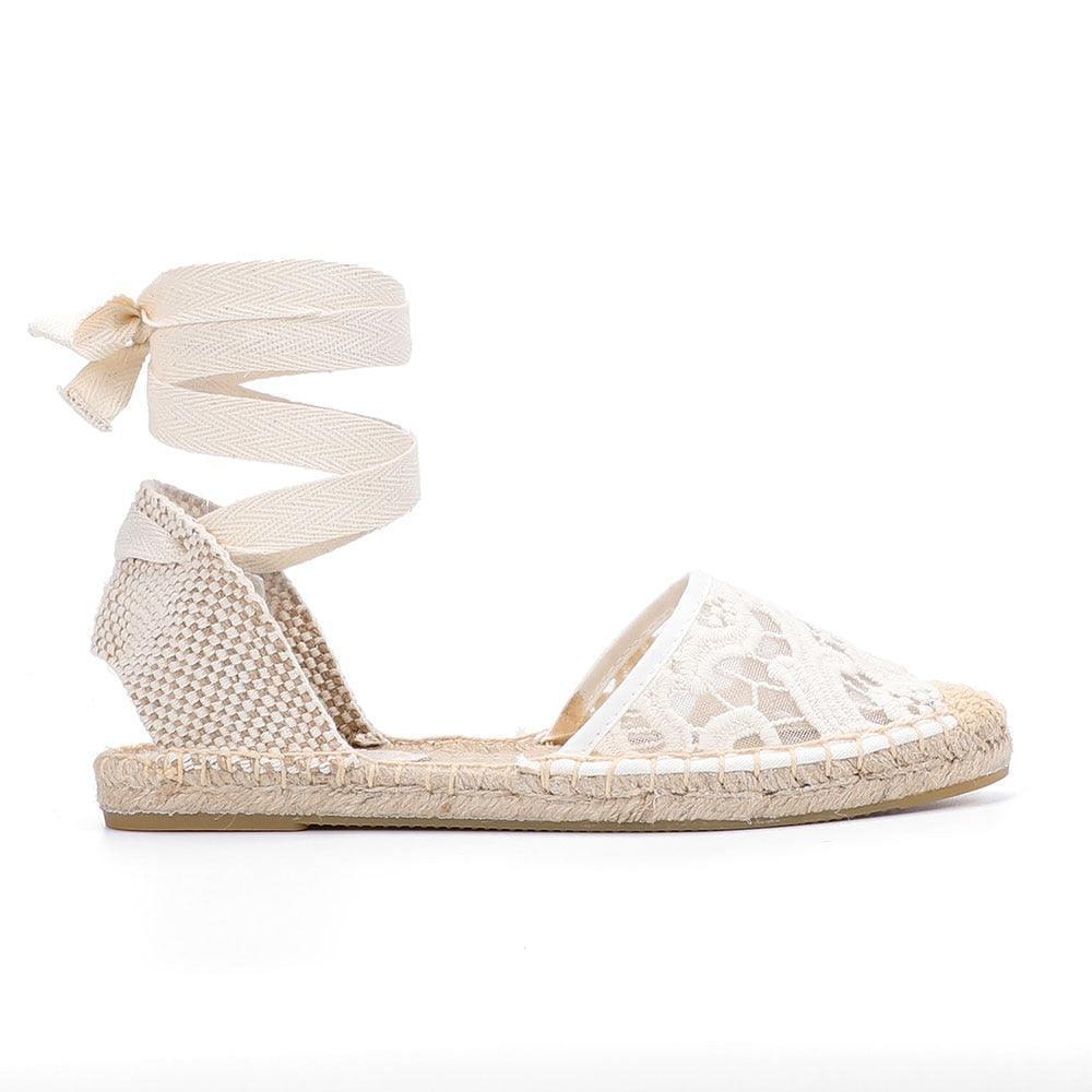 Lace T-strap Espadrille Flats - White from The House of CO-KY - Shoes