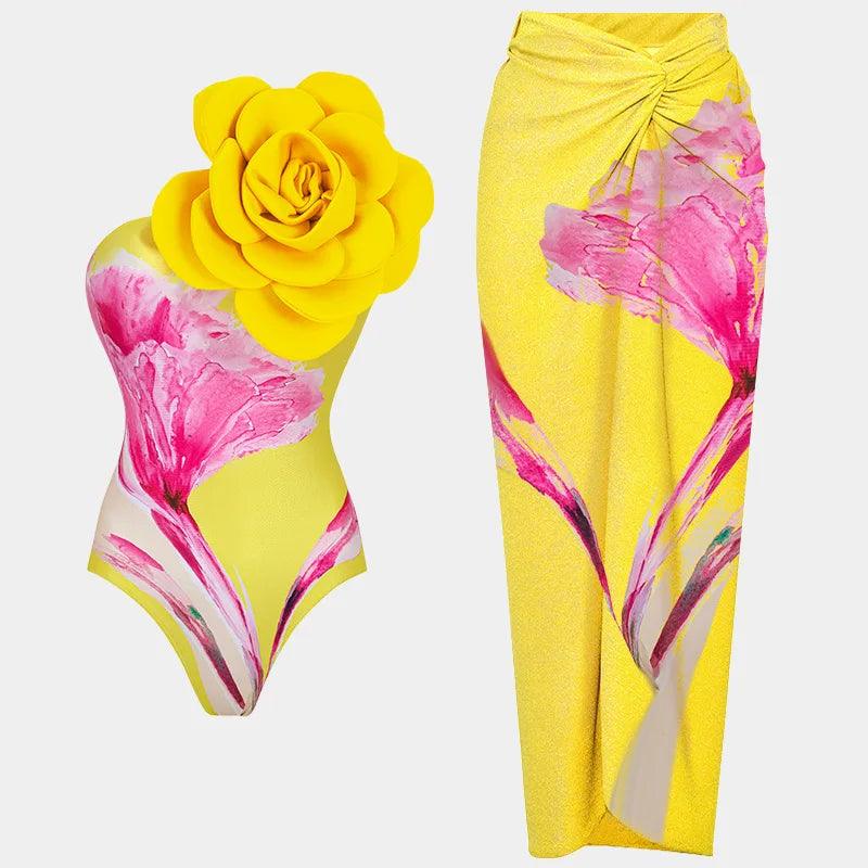 3D Flower Swimsuit With Cover Up - Yellow from The House of CO-KY - Swimwear