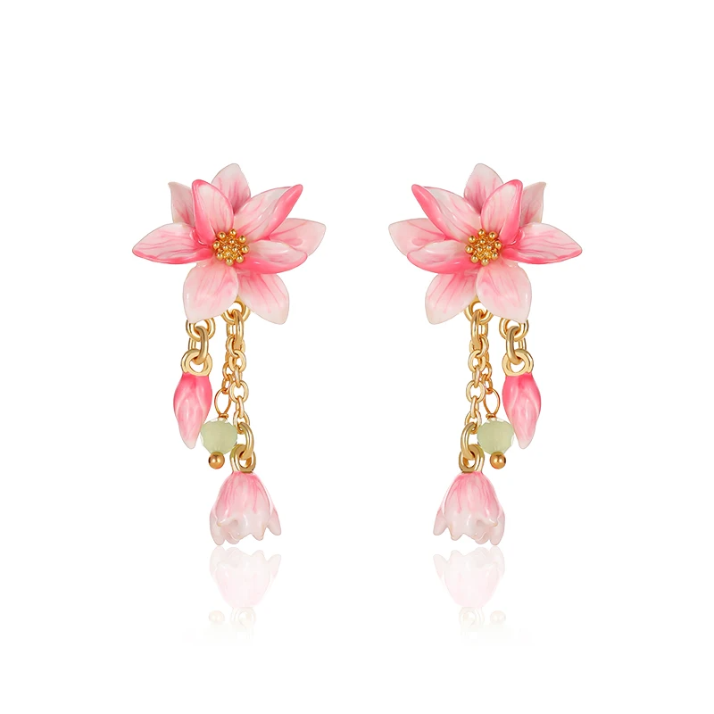 18k Gold Pink Magnolia Flower Earrings