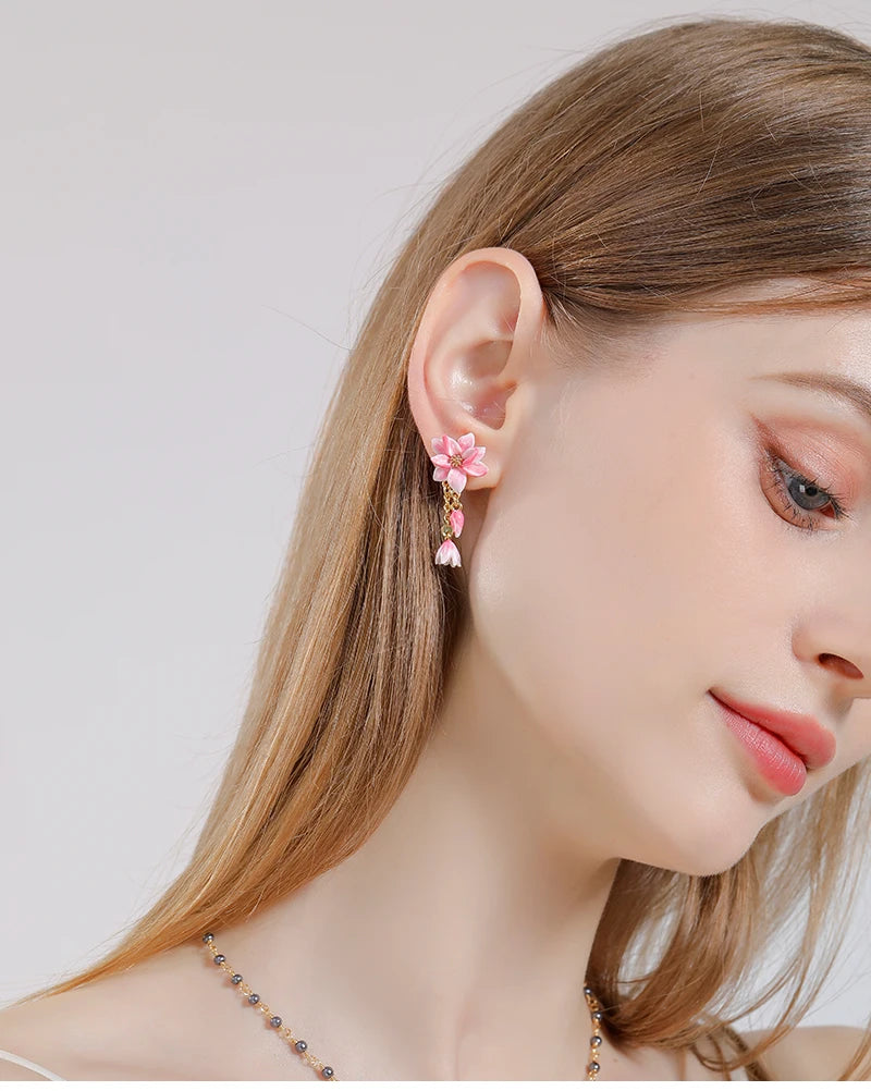 18k Gold Pink Magnolia Flower Earrings