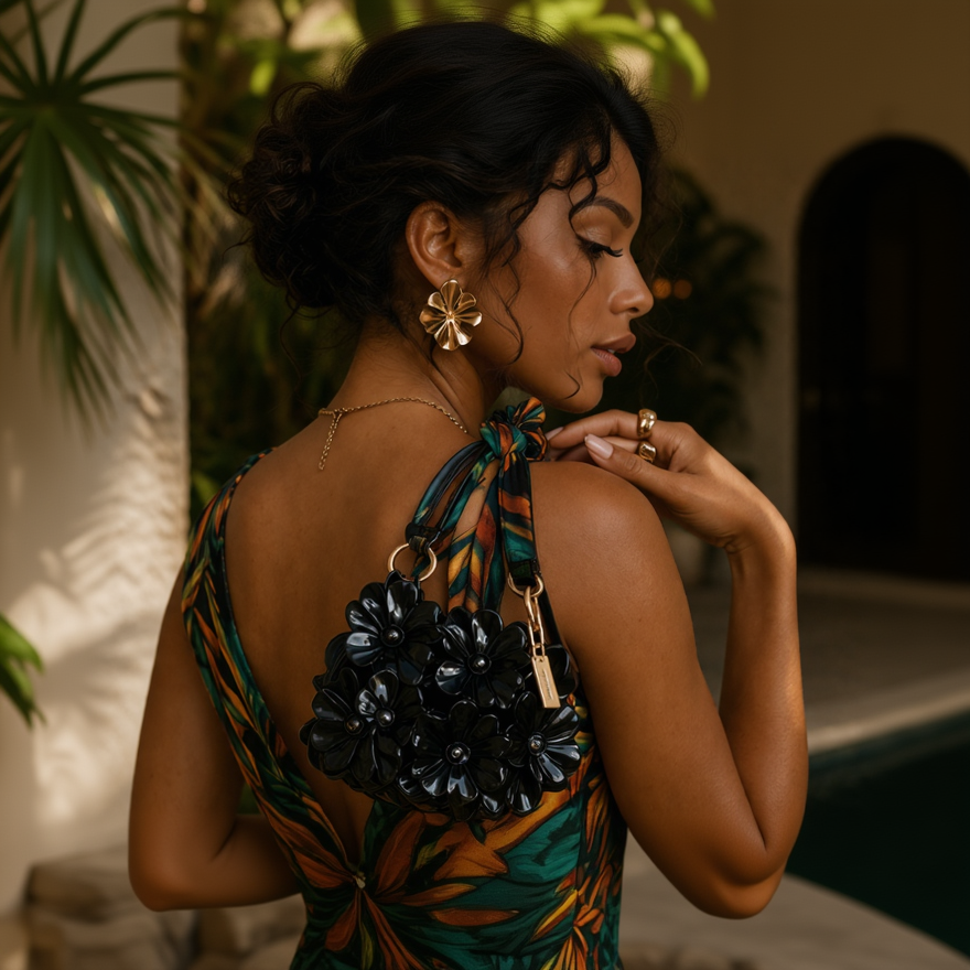 Woman in a floral dress with a tropical setting