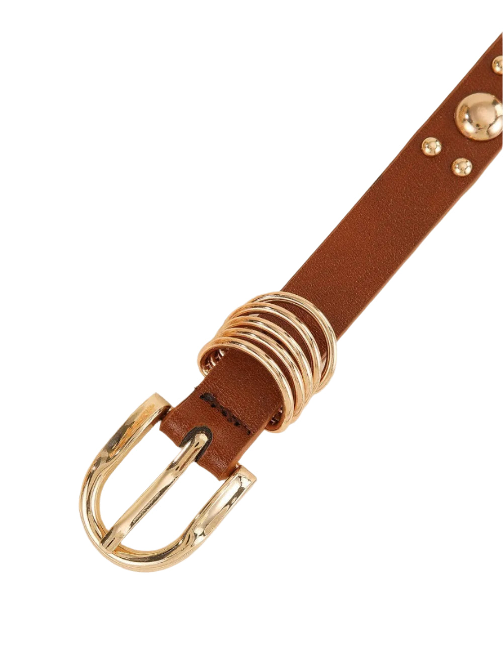 Brown leather belt with gold hardware on a light beige background